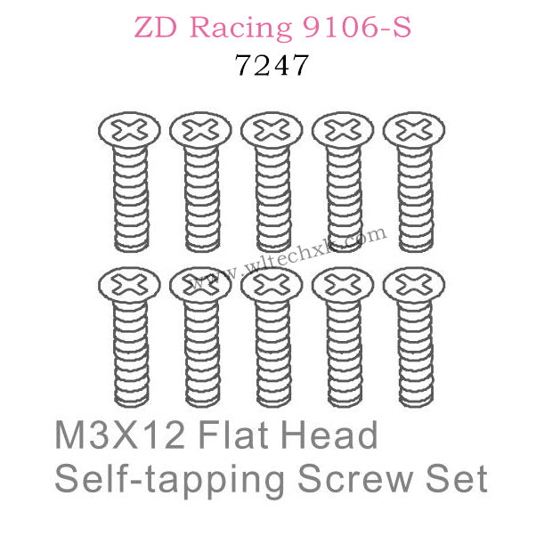 ZD Racing 9106S Parts M3X12 Flat Head Self-tapping Screw Set 7247