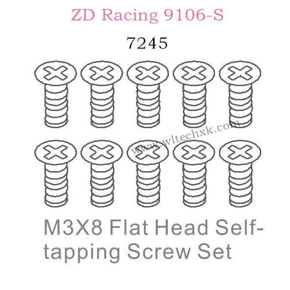 ZD Racing 9106S Parts M3X8 Flat Head Self-tapping Screw Set 7245